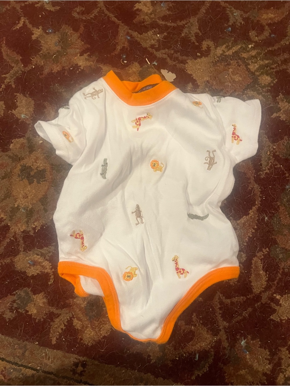 All Mine White One-Piece with Orange Trim and Animal Embroidery Suze 18 Months